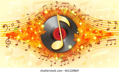 Autumn background with fallen leaves, notes and vinyl records. It can be used as invitation card to a music festival or concert.