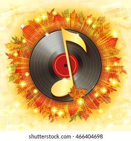 Autumn background with fallen leaves, notes and vinyl record. It can be used as invitation card to a music festival or concert.