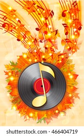 Autumn background with fallen leaves, notes and vinyl record. It can be used as invitation card to a music festival or concert.