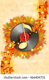 Autumn background with fallen leaves, notes and vinyl record. It can be used as invitation card to a music festival or concert.