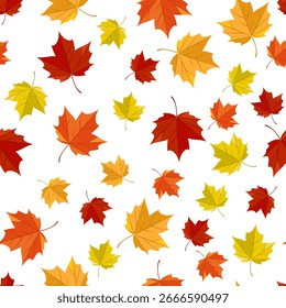Fondo de otoño. El arce colorido que cae deja un patrón sin fisuras. Ilustración plana de dibujos animados de Vector. 