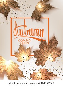 Autumn  background with falling gold maple leaves. Vector illustration