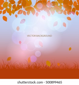 Autumn background with falling leaves, grass and patches of light vector