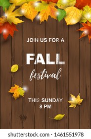 Autumn background with  falling leaves on dark wooden background. Place for text.  Great for party invitation, seasonal sale, wedding, web, autumn festival, poster. Vector illustration.