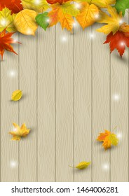 Autumn background with  falling leaves on wooden background. Place for text. Great for bridal shower, party invitation, seasonal sale, wedding, web, autumn festival. Vector illustration.