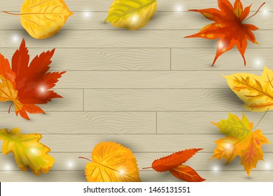 Autumn background with  falling leaves on wooden background. Place for text.  Great for bridal shower, party invitation, seasonal sale, wedding, web, autumn festival, poster. Vector illustration.