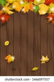Autumn background with  falling leaves on dark wooden background. Place for text.  Great for party invitation, seasonal sale, wedding, web, autumn festival, poster. Vector illustration.