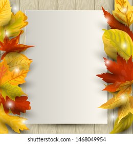 Autumn background with  falling leaves on wooden background with paper sheet. Place for text.  Great for bridal shower, party invitation, autumn sale, wedding, web, fall festival. Vector illustration.