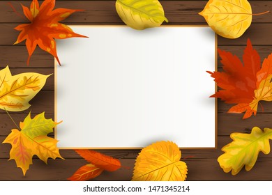 Autumn background with  falling leaves on dark wooden background with paper sheet. Place for text. Great for invitation, sale, wedding, web, fall festival, poster, Thanksgiving. Vector illustration.