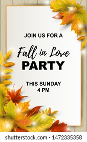 Autumn background with  falling leaves on wood background. Place for text.  Great for bridal shower, party invitation, autumn sale, wedding, web, fall festival. Vector illustration. Fall in love party
