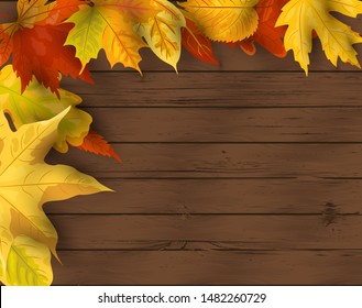 Autumn background. Falling leaves on dark wooden background. Place for text.  Great for party invitation, seasonal sale, web, fall festival, poster, Happy Thanksgiving day. Vector illustration.