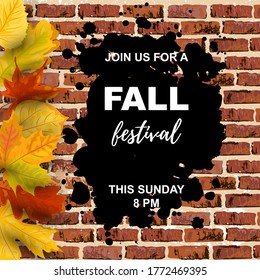 Autumn background with  falling leaves on brick wall background. Place for text. Great for sale, party invitation, web, fall festival, Happy Thanksgiving day. Vector illustration.