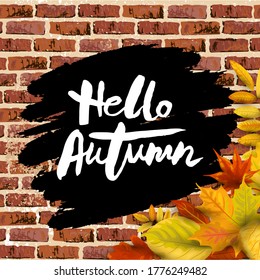 Herbsthintergrund mit fallenden Blättern auf Backsteinwand-Hintergrund. Platz für Text. Gut zum Verkauf, Partyeinladung, Web, Herbstfest, Happy Thanksgiving-Tag. Vektorgrafik.