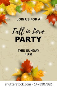 Autumn background with  falling leaves. Place for text. Great for bridal shower, party invitation, seasonal sale, wedding, web, autumn festival. Vector illustration. Fall in love party invitation.