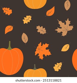 Autumn background with falling leaves and pumpkins, seamless autumn pattern with maple and oak leaves.