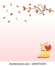 Autumn background with falling leaves and rain boots vector illustration.
