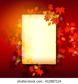 Autumn background with falling leaves. Red and purple leaves of various trees.