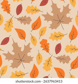 Autumn background with falling leaves, seamless autumn pattern with maple and oak leaves. Vector illustration