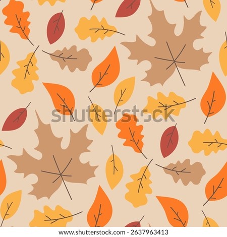 Autumn background with falling leaves, seamless autumn pattern with maple and oak leaves. Vector illustration