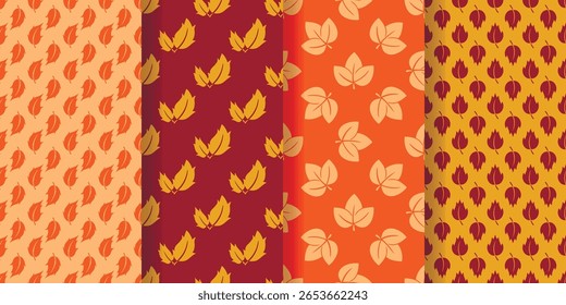 Fondo de otoño con hojas que caen. Patrones sin fisuras con hojas de colores sobre fondo amarillo, naranja, rojo. Impresiones de la colección con el sentimiento del otoño para la materia textil, el papel, el empaquetado y la tela, Vector