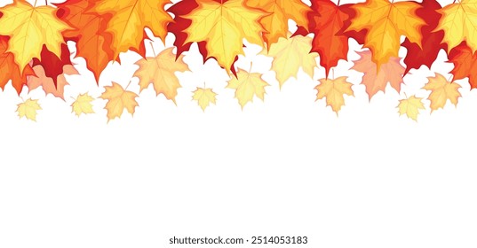 Fondo de otoño con hojas de arce en estilo de dibujos animados. Ilustración vectorial de hojas de arce en diferentes colores: amarillo, naranja, rojo, borgoña, aislado sobre fondo blanco. Fondo de pantalla. Anuncio
