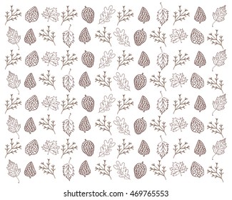 autumn background. fir branches, cones and leaves defoliation, maple, oak pattern