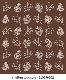 autumn background. fir branches and cones pattern with brown background