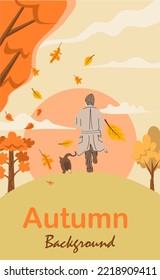 Autumn background flat design with man and his cat. Banner, template, poster etc.