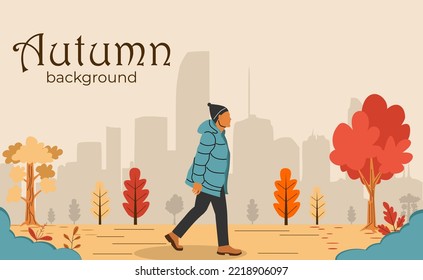 Autumn background flat design with walking man.