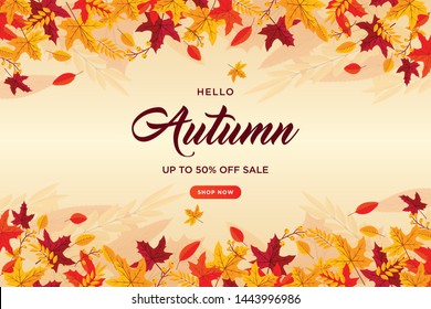 Autumn background with flat leaves. Seasonal lettering.web banner template.vector illustration