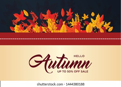 Autumn background with flat leaves. Seasonal lettering.web banner template.