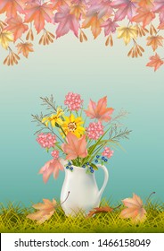 Autumn background with floral bouquet in ceramic jug and fallen leaves