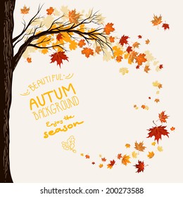 Autumn background with flying maple leaves. Space for text