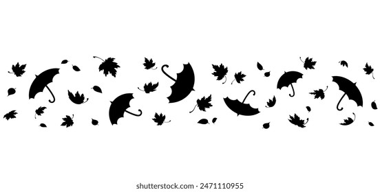 Herbstlicher Hintergrund mit fliegenden Ahornblättern und Regenschirmen. Isolierte schwarze Silhouette auf weißem Hintergrund. Vektorillustration