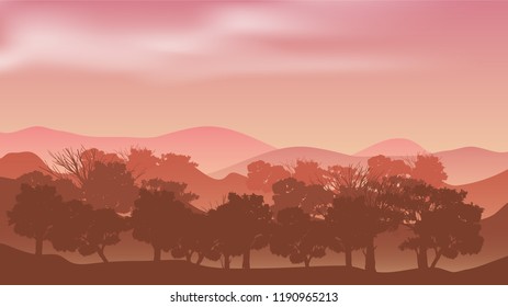 Autumn background with forest landscape with fir trees at dawn