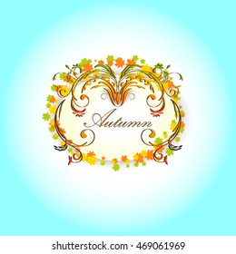 Autumn background with frame of colored maple leaves and abstract floral ornament