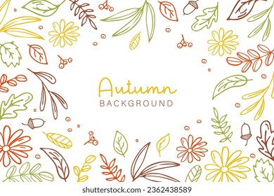 Autumn background, frame with colorful leaves in doodle style. Vector template for card, banner, invitation, social media post, poster, mobile app, web advertising.