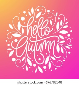 Autumn background and frame of leaves in the style of a thin line art. Handwritten modern lettering. Fall leaves background. Vector illustration EPS10