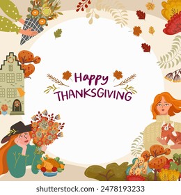 Autumn background, frame, round, space for text, with people and nature. Hand drawn graphics and textures. Autumn vibes, Thanksgiving, Vector template design.