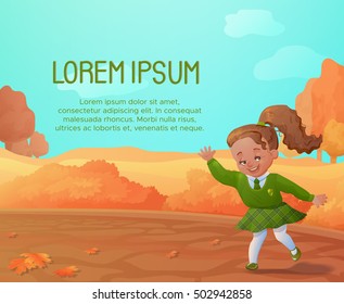Autumn background with funny smiling girl.Autumn sale poster, co