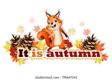 Autumn background with funny squirrel character Vector illustration