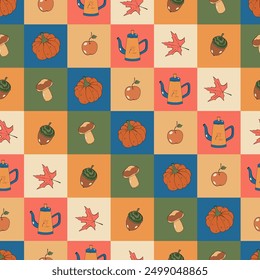 Autumn background. Geometric pattern with fall objects. Autumn leaves, pumpkin, acorn and other. Vector