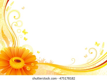 Autumn background with gerbera daisy flower, falling leaves, butterflies, abstract wave lines, swirls, grunge pattern, copy space for text. Elegant modern seasonal vector illustration.
