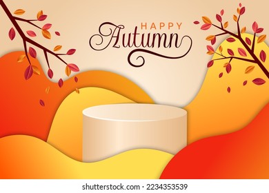 Autumn background, gift product display. Thanksgiving day fall poster, landscape banner with empty platform. Orange orange tree. 3d isolated podium vector illustration garish template