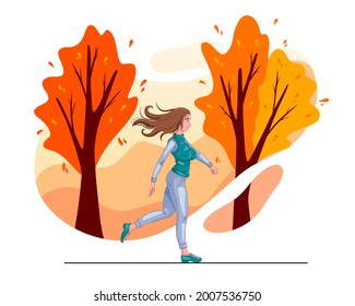 Autumn background. The girl runs against the background of the autumn park. Cartoon style. Vector illustration for design and decoration.
