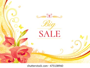 Autumn background with gladiolus flower, falling leaves, butterflies, abstract wave lines, swirls, grunge pattern, copy space for text. Elegant modern seasonal vector illustration.

