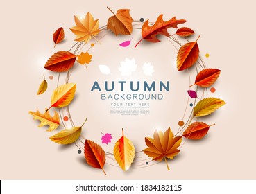 Autumn background with gold leaves circle decorate center space for shopping sale or promotion poster, leaflet, greeting card and festival invitation. Vector illustration.