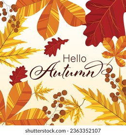 Herbsthintergrund mit goldenem Ahorn und Eichenblättern. Vektorpapier-Illustration.Vektorgrafik-Set mit Herbstelementen und Schriftzeichen. Fröhlicher September, Hallo Herbst, verlieben Sie sich