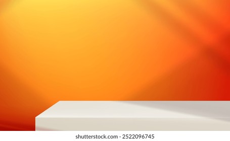 Herbst-Hintergrund Farbverlauf Orange, Gelbe Wand Studio Zimmer mit Licht, Schatten auf dem Tisch, Hintergrund für Frühling, Sommer-Produktpräsentation, Leere 3D-Display-Raum mit Ständer für Web-Banner in der Herbstsaison