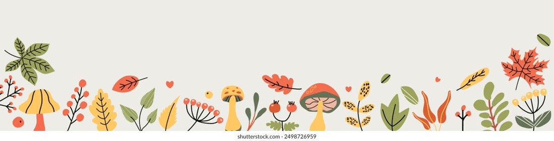 Autumn background with hand drawn cute colorful leaves. Fall horizontal banner. Thanksgiving and Harvest Day. Autumn leaf border. Vector illustration.